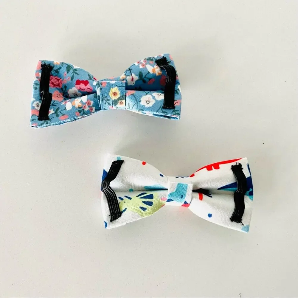 NEW HANDMADE Light Blue Floral White Jurassic Dog Cat Pet Collar Elastic Bow Tie